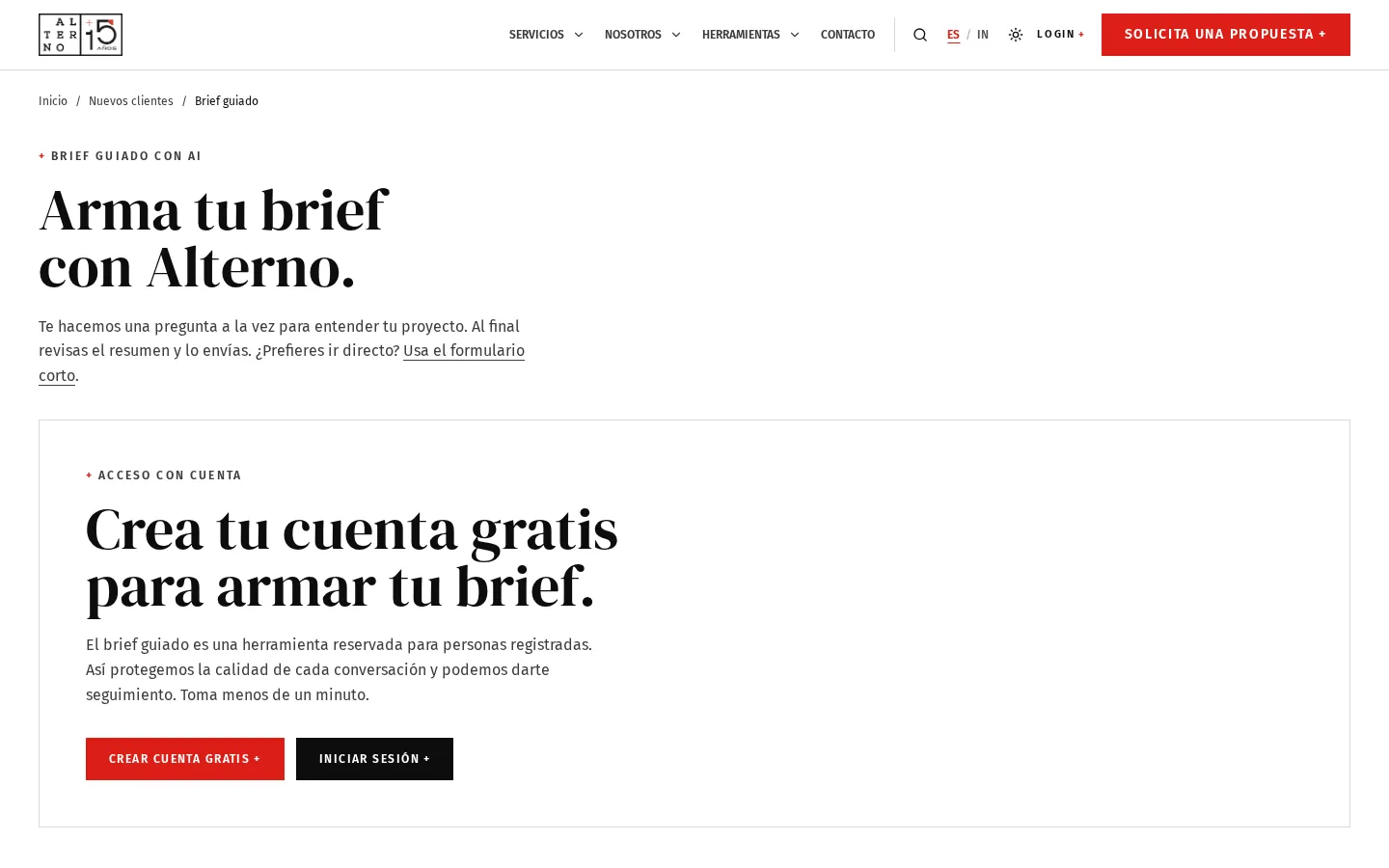 Página del Brief Maestro guiado con AI