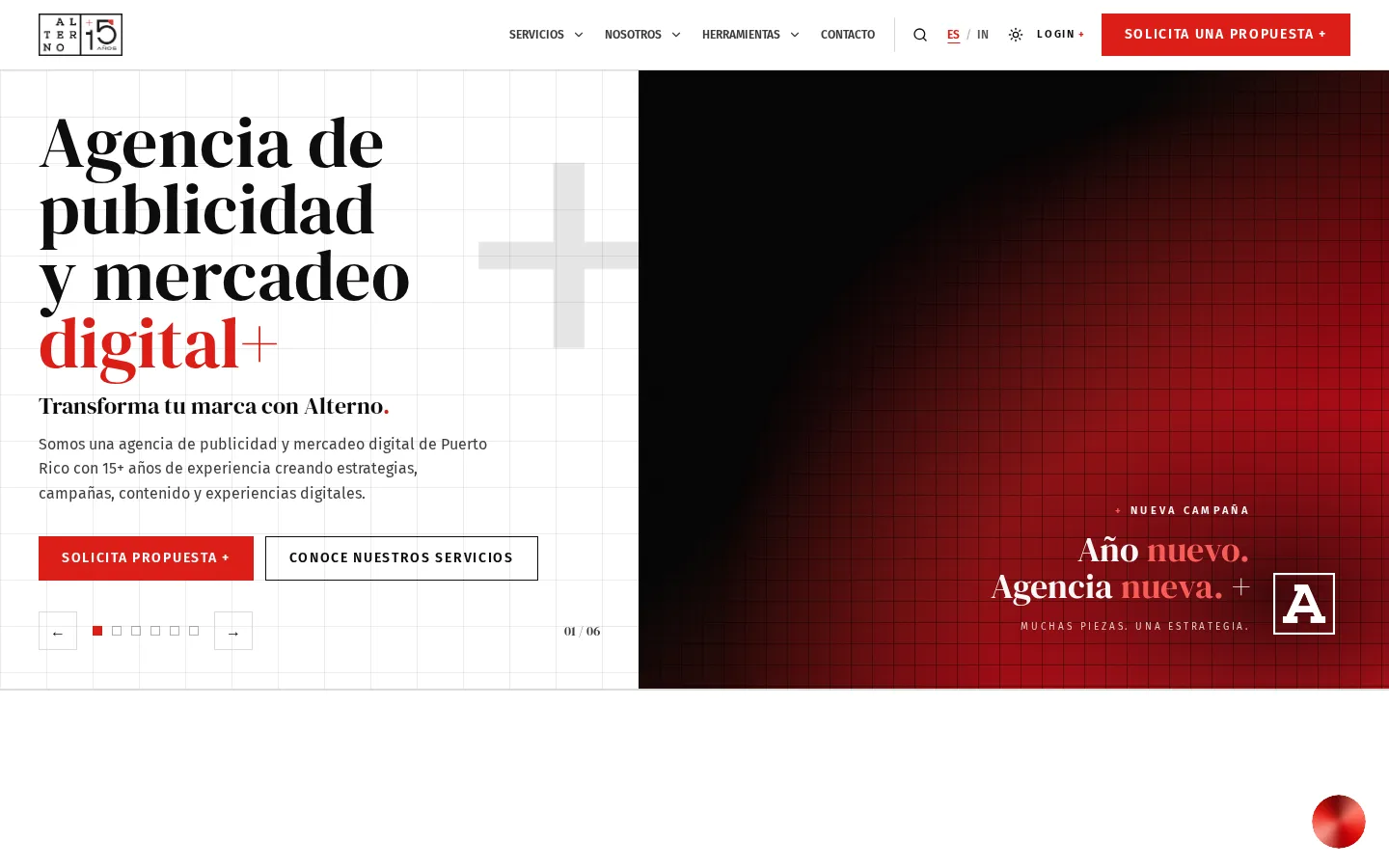Portada de alternoagency.com con el slide de la campaña Año nuevo. Agencia nueva.+