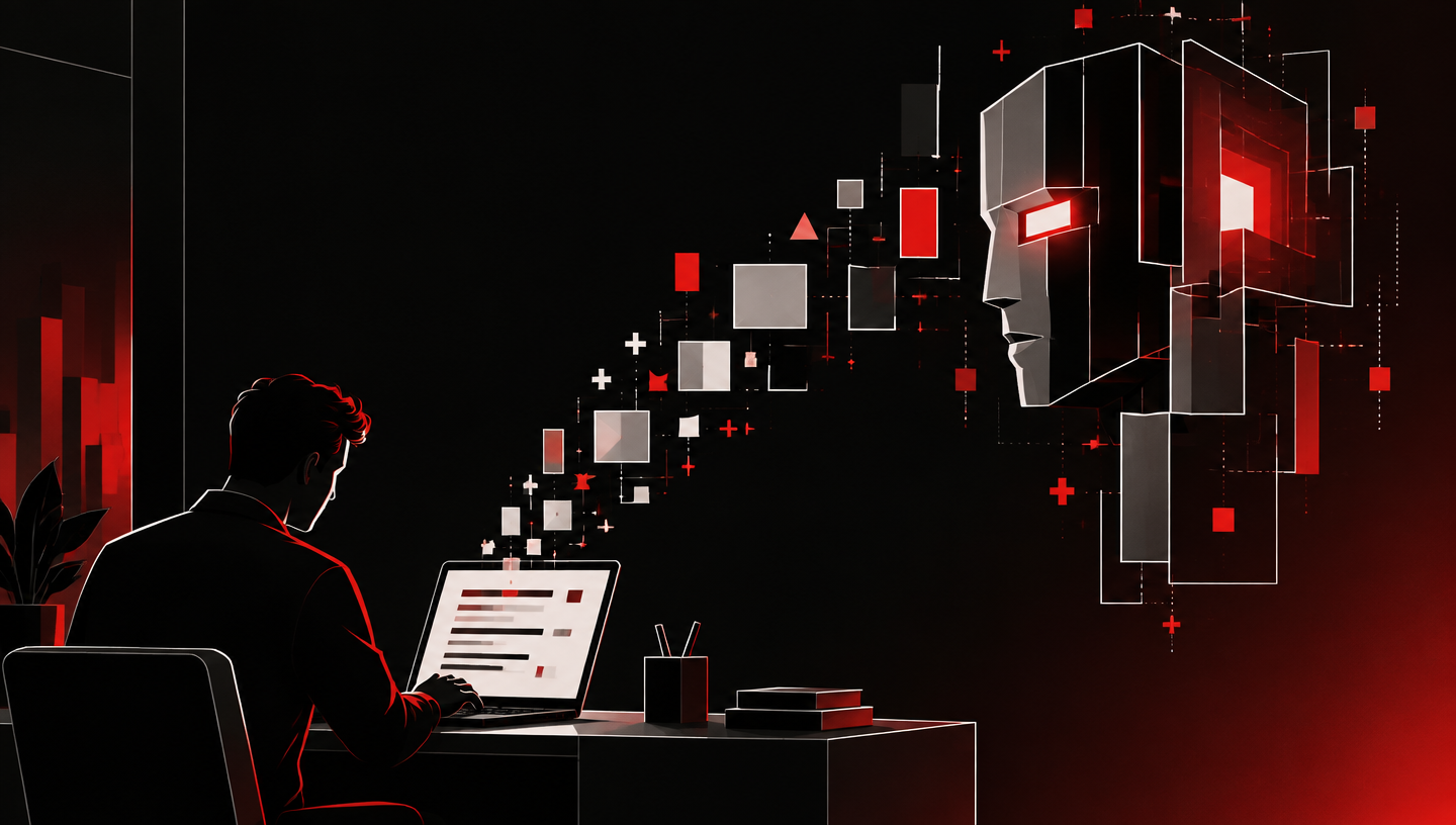 Ilustración editorial: una persona escribe un brief en su laptop y el texto se transforma en bloques geométricos que fluyen hacia una entidad abstracta de inteligencia artificial, en negro, blanco y rojo