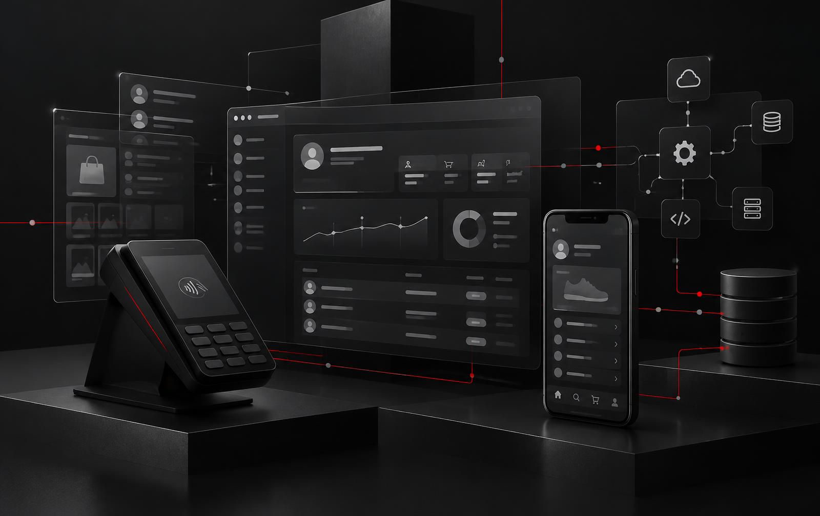 Plataforma custom, panel de CRM, terminal POS y aplicación mobile conectados por integraciones